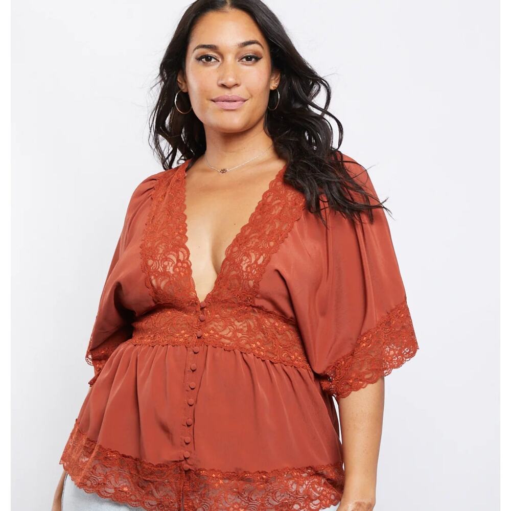 Boho Lace-Trim Deep V-Neck Flutter Blouse Size 3XL